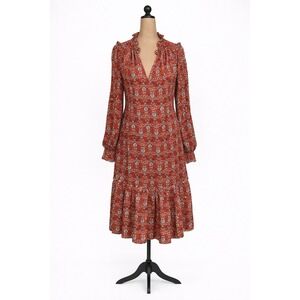 Max Studio Floral Paisley Tiered Dress Women S Rust Orange Boho Ruffle Praire